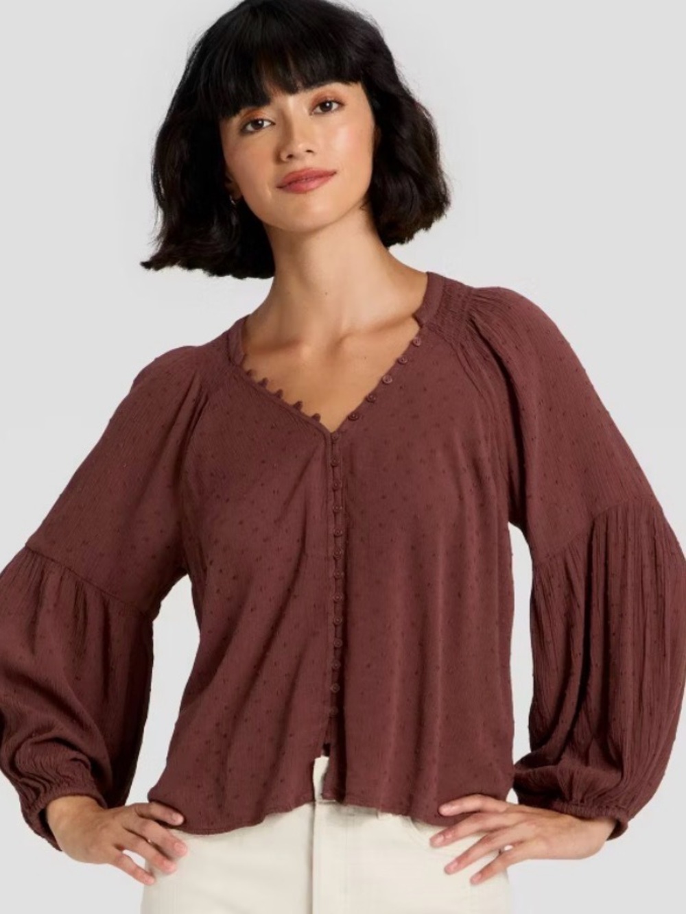 NWT Universal Thread Boho brown burgundy balloon sleeve blouse size Large